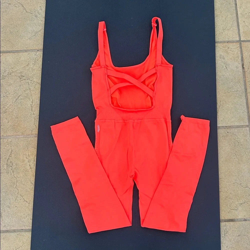 FP Movement by Free People Coral Red Seamless Jumpsuit Romper - Picture 3 of 7